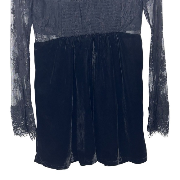 FREE PEOPLE MARLIE BLACK SHEER LACE LONG SLEEVE WHIMSIGOTH VELVET MINI DRESS - Picture 9 of 15